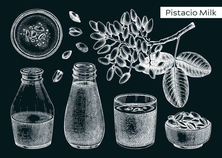 Pistachio milk sketches set. Organic dairy protein products for vegetarians on chalkboard. Vector illustrations of pistachio plant branch, nuts in bowls, milk in glass bottles. Healthy food and drinks